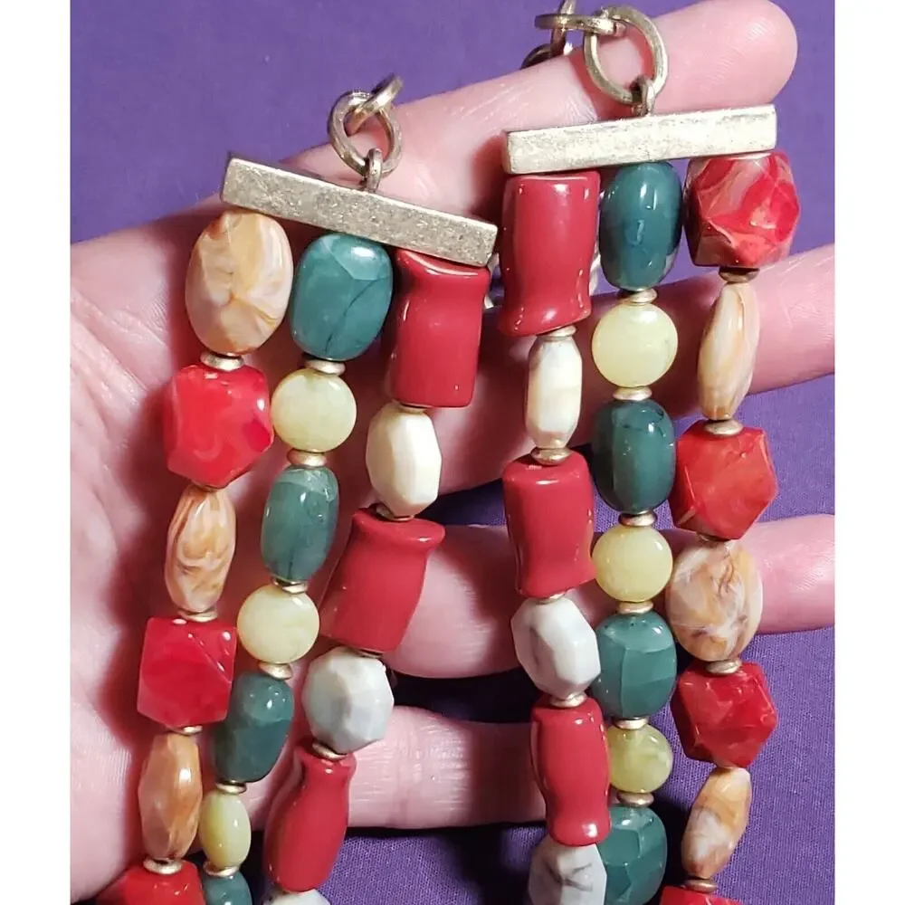 Dana Buchman Signed Three Layer Multicolored Necklace, Matte Yellow Gold Tone